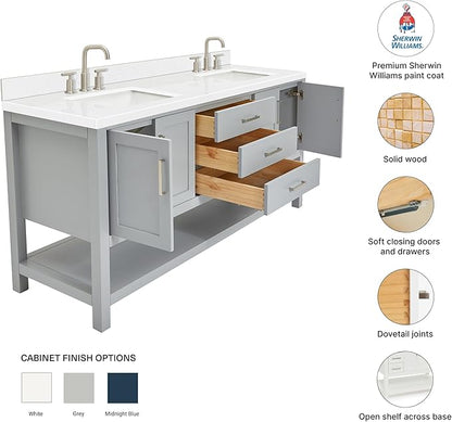 DKB Olivia 72" Grey Double Bathroom Vanity, 1.5" Edge Carrara Quartz Countertop, Rectangular Undermount Sinks, 4 Soft Closing Doors, 3 Full Extension Dovetail Drawers, Open Storage Shelf