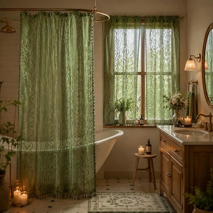 WAZZIO Dark Sage Green Lace Shower Curtain for Bathroom 72" W x 84" L, Victorian Farmhouse Floral Pattern Tassel Fancy Shower Curtain Boho Washable Cloth Decorative Bath Curtains,1 Panel