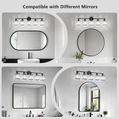5 Light Bathroom Light Fixtures, Modern Crystal Vanity Lights over Mirror | Metal Frame, Bathroom Light with Square Crystal Shade, ETL Certified, E26 Ceramic Socket, Bulbs Not Included