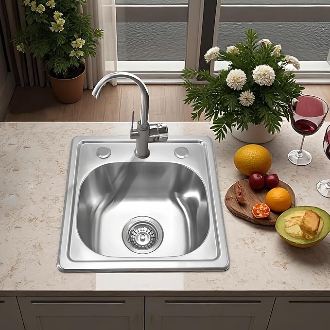 15 inch Stainless Steel Bar Sink, 2-hole Single Bowl Topmount Brushed Drop in RV Sink with Drainer