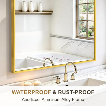 Rectangular Bathroom Mirror, 30"x20" Gold Metal Framed Vanity Mirror | HD Shatterproof Wall Mirror, Horizontal or Vertical Hanging, Easy Installation for Bathroom, Bedroom, Living Room, Entryway