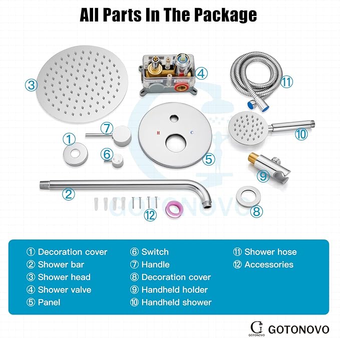 gotonovo High Pressure Shower System Valve and Trim Kit,Polish Chrome | Round Rain 10 Inch Shower Head with Handheld Faucet Set Complete,Rough In Valve,2-in-1 Diverter,All Metal,Bathroom Wall Mount