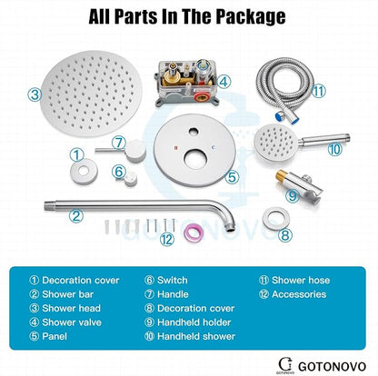 gotonovo High Pressure Shower System Valve and Trim Kit,Polish Chrome | Round Rain 10 Inch Shower Head with Handheld Faucet Set Complete,Rough In Valve,2-in-1 Diverter,All Metal,Bathroom Wall Mount