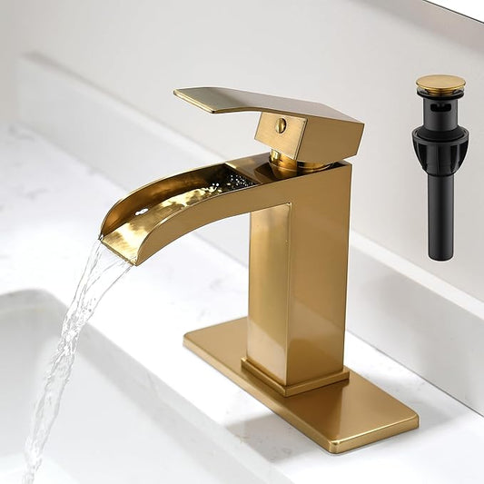 Waterfall Bathroom Faucet Gold - Single Handle Sink Faucets Bathroom 1 Hole Or 3 Hole for 4In | Modern Solid Vanity Faucet with Deck Plate & Overflow Pop Up Drain Brushed Gold