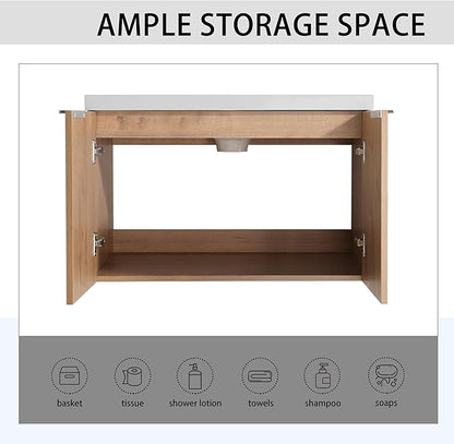 SSLine 42-Inch Single Bathroom Vanity Modern Wall Mounted Bathroom Vanity with Sink 42" Small Floating Bathroom Vanities Set with White Open Storage Shelf & 2 Side Cabinets,Brown White