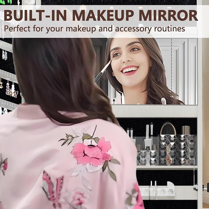 HRVEOCEI LED Mirror Jewelry Cabinet Standing, 63inch Lockable Jewelry Armoire Cabinet Standing with Storage Shelves, Full Length Mirror with Storage for Woman Girl Gift (63Inch White)