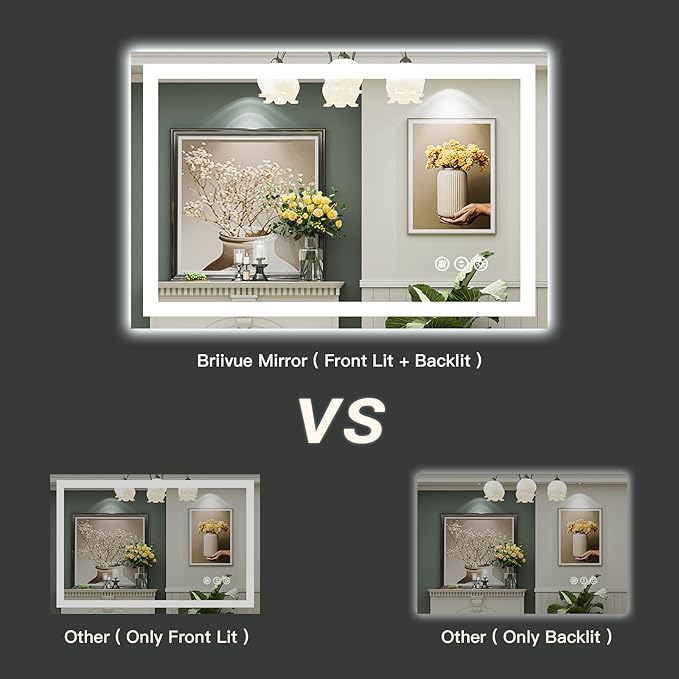 48x40 Inch LED Bathroom Mirror with Lights, Backlit & Front Lit, Anti-Fog Lighted Bathroom Vanity Mirror for Wall, Memory Function, Dimmable, HD Tempered Glass, Shatter-Proof