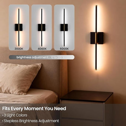 28 Inch Battery Operated Wall Sconces Set of 2, 10000mAh Rechargeable Wireless Wall Lights with Remote, 360° Magnetic Dimmable Black LED Sconce Decor for Bedroom, TV, Mirror, Living Room