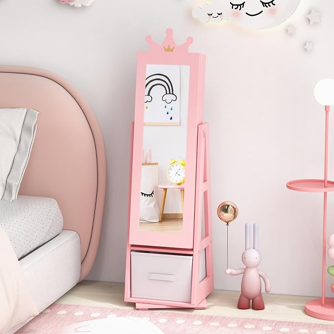 CHARMAID 360° Swivel Kids Jewelry Cabinet, 47" Full Length Mirror with Jewelry Storage, Jewelry Armoire with Drawer and Back Shelf, Kids Vanity Dressing Mirror Jewelry Organizer for Girls (Pink)