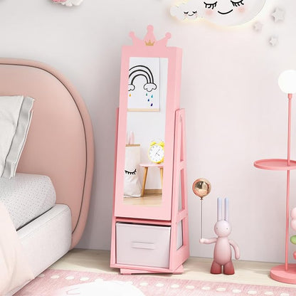 CHARMAID 360° Swivel Kids Jewelry Cabinet, 47" Full Length Mirror with Jewelry Storage, Jewelry Armoire with Drawer and Back Shelf, Kids Vanity Dressing Mirror Jewelry Organizer for Girls (Pink)
