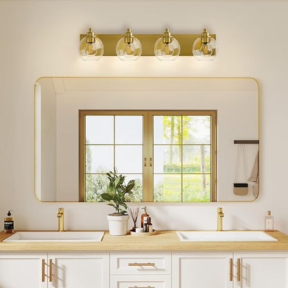 4 Light Bathroom Light Fixtures-Brushed Gold Bathroom Vanity Lights, Modern Vanity Lights 4-Light Bathroom Lighting Fixtures Over Mirror with Clear Glass Globe Shade