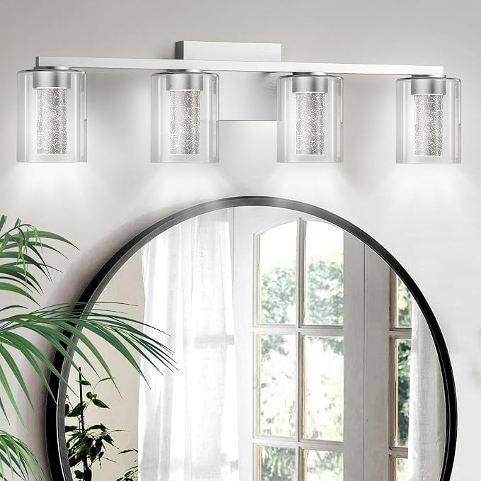 LED Modern Bathroom Light Fixtures Over Mirror, 4-Light Brushed Nickel Vanity Lights with 5 Color Modes, Dimmable Bathroom Vanity Light with Crystal Bubble Glass, 2700K-6500K Adjustable, ETL