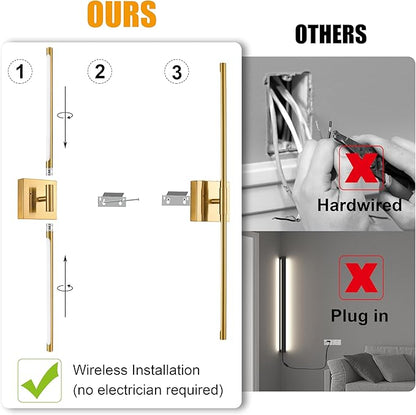 10000mAh Gold Battery Operated Wall Sconces Set of 2, 3 Color Dimmable Rechargeable Wall Light with Remote, 24 Inch Wireless Sconce Wall Lighting with Timer Function for Living Room, Bedroom, TV