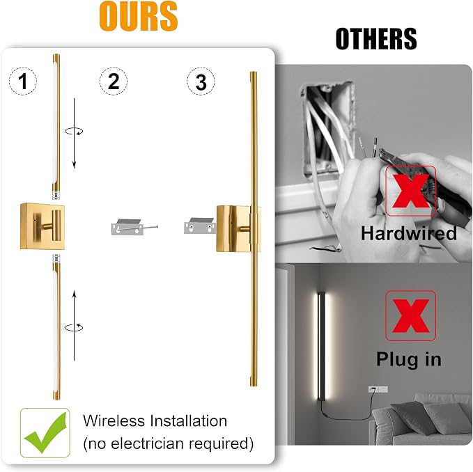 Morauroral 36 Inch Battery Operated Wall Sconces Set of 2, Dimmable Battery Wall Sconce with Remote Control, Gold LED Rechargeable Wall Light, Modern Sconces Wall Decor for Bedroom, Living Room