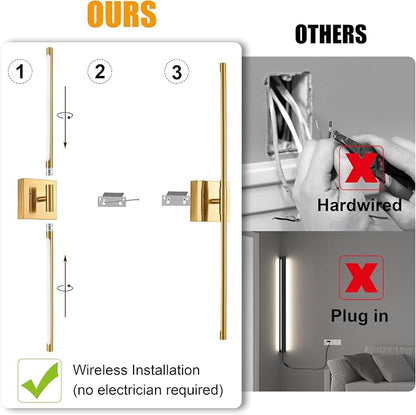 Morauroral 36 Inch Battery Operated Wall Sconces Set of 2, Dimmable Battery Wall Sconce with Remote Control, Gold LED Rechargeable Wall Light, Modern Sconces Wall Decor for Bedroom, Living Room