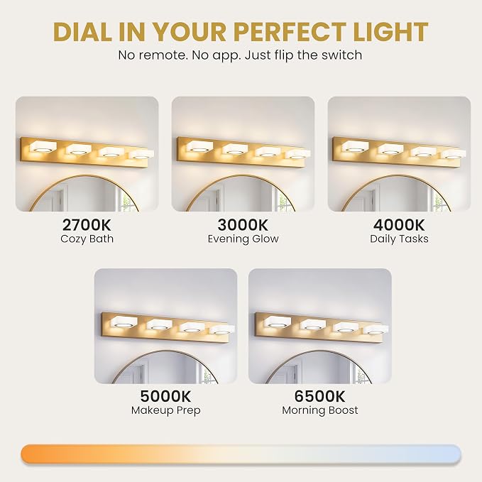 Bathroom Vanity Light, 4-Light 31 Inch Brushed Gold 5CCT 2700-6500K LED Bathroom Light Fixtures Over Mirror, Vanity Lighting Modern Bath Wall Sconce for Mirror Bedroom Living Room