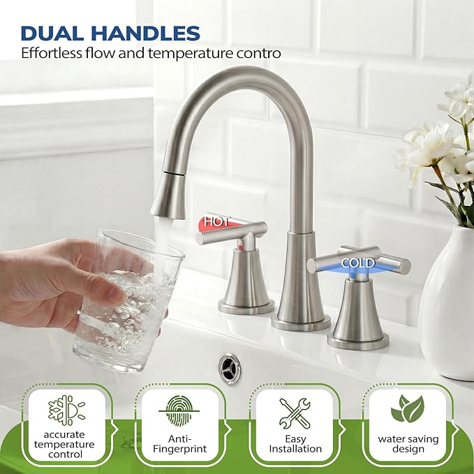 8 Inch Pull Out Sprayer Bathroom Faucet 3 Hole, Widespread 2 Handle Sink Faucet with Pop Up Drain and Supply Lines, Stainless Steel for Vanity, RV, Brushed Nickel