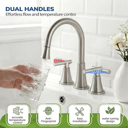 8 Inch Pull Out Sprayer Bathroom Faucet 3 Hole, Widespread 2 Handle Sink Faucet with Pop Up Drain and Supply Lines, Stainless Steel for Vanity, RV, Brushed Nickel