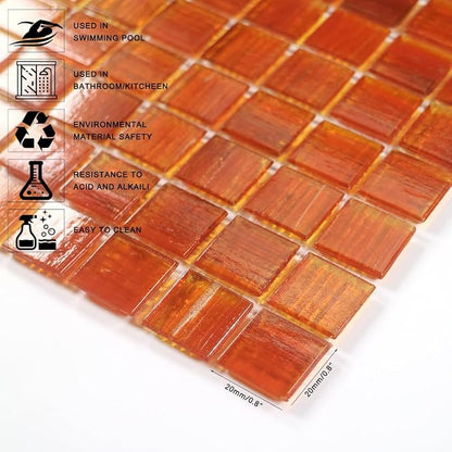 11.5 sq.ft Orange Glass Mosaic Tile for Bathroom, Pool, Kitchen Backsplash | Waterproof Wall & Floor Tile. Heat & frost resistant outdoors. Mesh-mounted easy install. Use any grout. Easy clean. 10pcs.