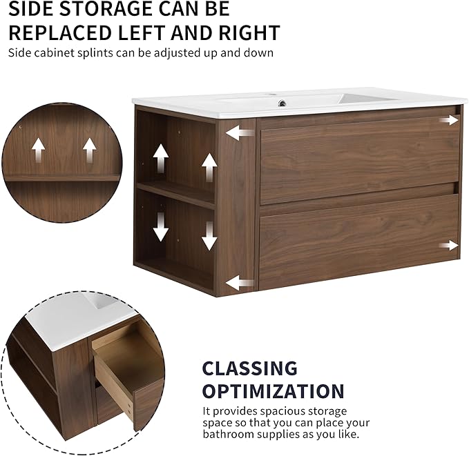 Henf 36inch Wall Mounted Bathroom Vanity with Ceramic Sink, Modern Floating Wood Bathroom Vanity Cabinet with 2 Soft Close Drawers & Open Storage Shelf, Bathroom Sink Vanity with Sink Combo Set,Brown