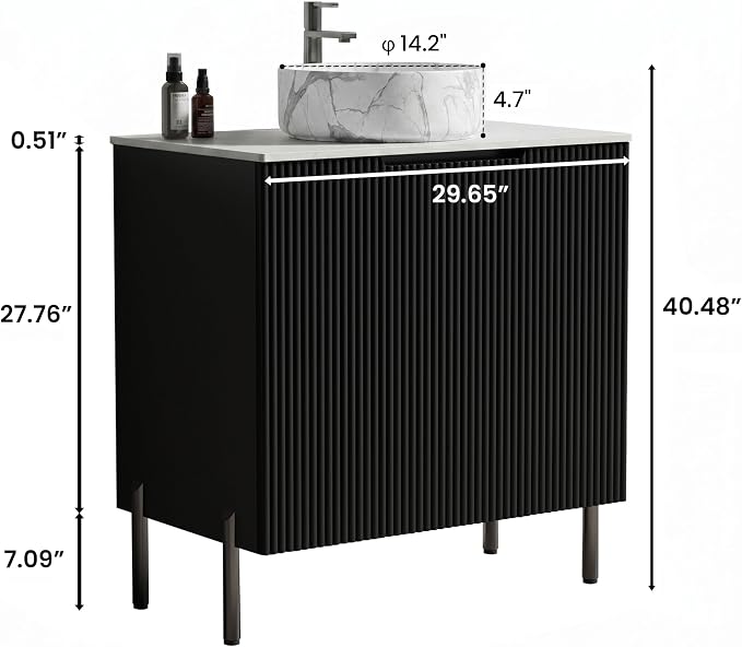 30" Mid-Century Modern Black Bathroom Vanity with Sink, Bathroom Storage Cabinet with Carrara Marble Finish Sink, Soft-Closing Doors, Drain Assembly and Pipe NOT Included