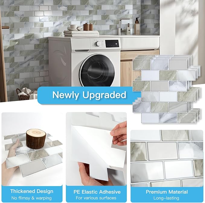 Art3d 10-Pack Subway Peel and Stick Backsplash, Beige & White, 12 x 12 Inch | Thickened Design, No Warping, Durable, Self-Adhesive, Sturdy, for Kitchen, Bedroom, Ideal for New Home Buyers, Future Movers