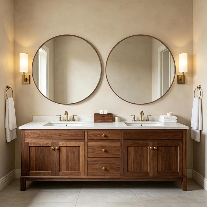 Round Wood Mirror, 40" Round Modern Decoration Large Circle Wall Mirror for Bathroom Living Room Bedroom Entryway, Walnut