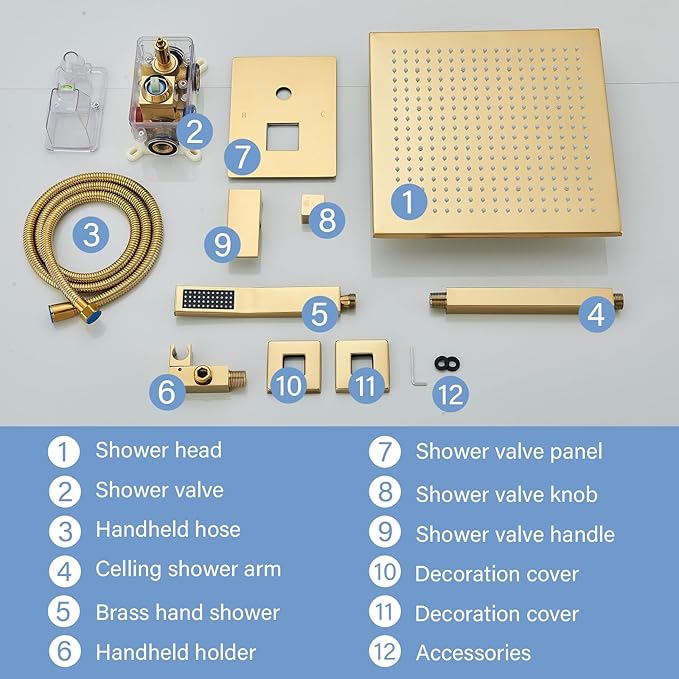 Polished Gold Shower System 12 Inch LED Square Rainfall Shower Head Ceiling Mount Shower Faucet Set with Hand Sprayer Rough-in Valve Trim Kit Bathroom Mixer Shower Combo Set