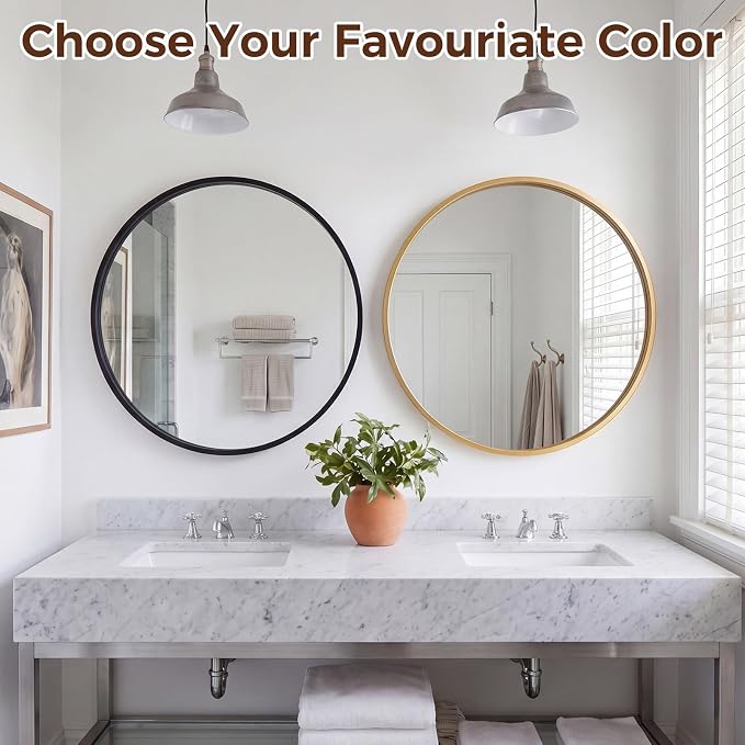 Sweetcrispy 24 Inch Round Wall Mirror, Bathroom Mirrors for Over Sink | Matte Metal Framed, Wall Decor for Bedroom, Entryway, Anti-Rust, Tempered Glass, Hanging or Leaning, Black