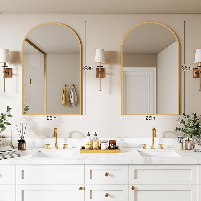 NEWBULIG 26"X38" Arched Bathroom Mirror for Over Sink, Wall Vanity Mirror | Tempered Glass, Anti-Rust Arched Metal Framed, Hanging or Leaning, Farmhouse Home Decor, Gold
