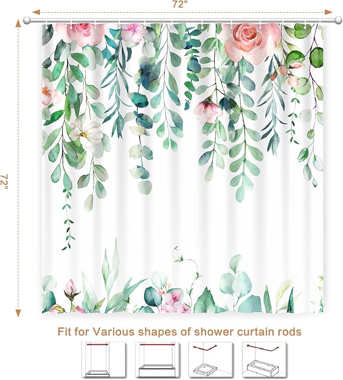 Watercolor Eucalyptus Shower Curtain, Spring Shower Curtain Green Leaves with Blooming Floral, Polyester Fabric Waterproof Shower Curtain Sets Machine Washable Decor Home Farmhouse Bath Curtain