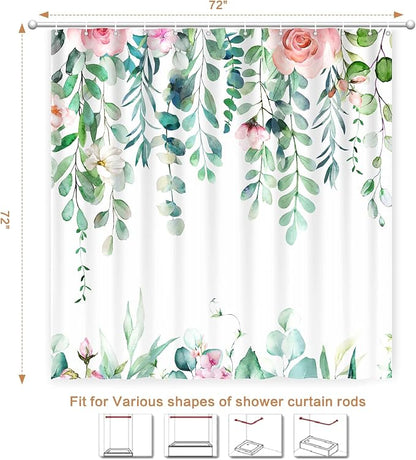 Watercolor Eucalyptus Shower Curtain, Spring Shower Curtain Green Leaves with Blooming Floral, Polyester Fabric Waterproof Shower Curtain Sets Machine Washable Decor Home Farmhouse Bath Curtain