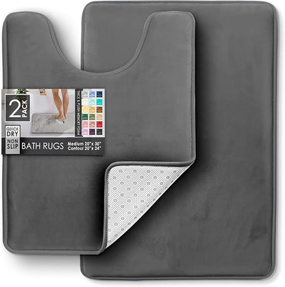 Clara Clark 2 Piece Bathroom Rugs, Velvet Memory Foam Bath Mat Set, Non-Slip Bath Rugs, Machine Wash, Dries Quickly, Ultra Soft Plush Bath Mats for Bathroom, 20 x 32 + Contour, Dark Grey