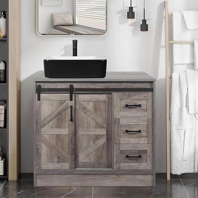 36 Inch Barn Door Bathroom Vanity, Farmhouse Style Standing Pedestal Cabinet with Square Black and White Ceramic Vessel Sink