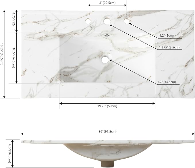JONATHAN Y SNK1003C Ancillary 3-Hole 36 in. W x 18.25 in. D Classic Contemporary Rectangular Ceramic Single Sink Basin Vanity Top, White Marble Effect