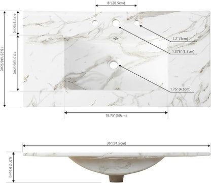 JONATHAN Y SNK1003C Ancillary 3-Hole 36 in. W x 18.25 in. D Classic Contemporary Rectangular Ceramic Single Sink Basin Vanity Top, White Marble Effect