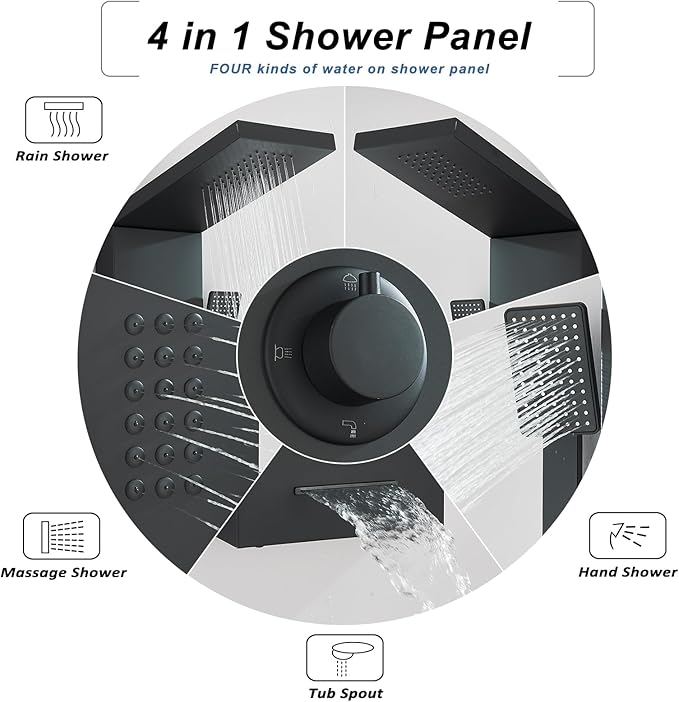 Black Shower Panel Modern Shower Tower System with Full Body Shower Jets System Handheld Spray Wall Mount Shower Panels Faucet
