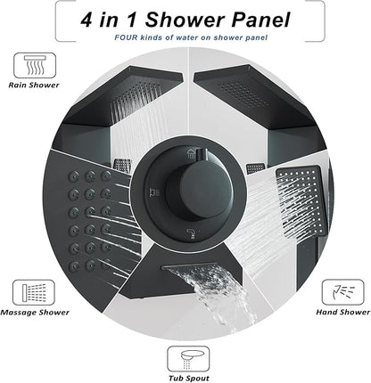 Black Shower Panel Modern Shower Tower System with Full Body Shower Jets System Handheld Spray Wall Mount Shower Panels Faucet