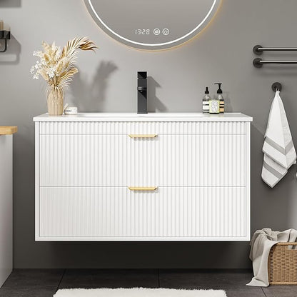 Vabches 30 Inch Bathroom Vanity with Sink, Wood Grain Wall Mounted Vanity with 2 Storage Darwers, Floating Bathroom Vanity with Storage, Bathroom Floating Vanity with Sink, Faucet, Drain, White