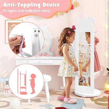 HONEY JOY Kids Jewelry Armoire Cabinet, 360 Degree Swivel Base Wooden Standing Jewelry Organizer w/Full-length Mirror and Clothes Rack, Children Dress Up Jewelry Cabinet for Little Girls (White)