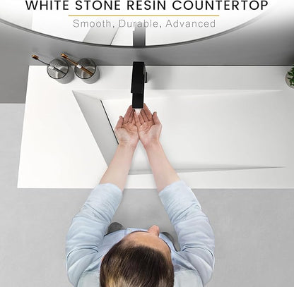 QJ&XY Resin Bathroom Sink 48" Wall Mounted V-Shaped White Basin with Towel Rack, Floating Vanity Sink in Soft-Touch Finish (Double Tier)