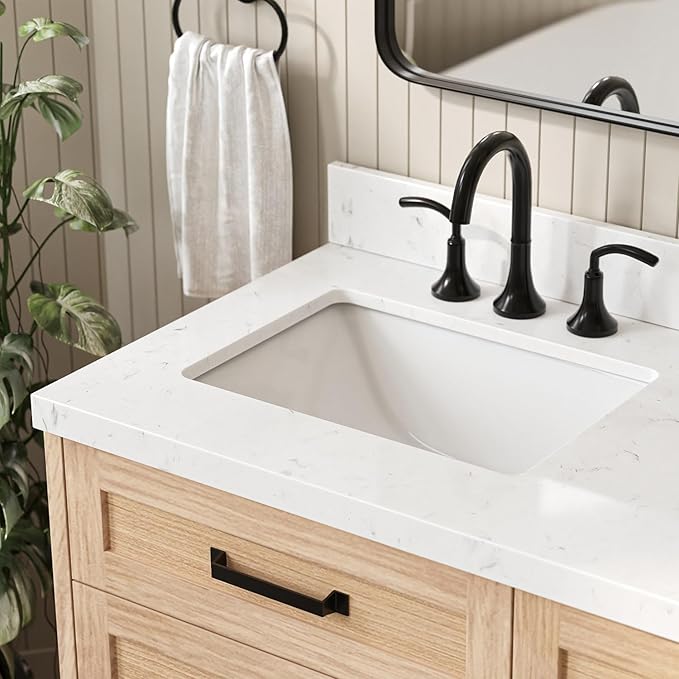 ARIEL Monroe 66-inch Bathroom Vanity with Sink,Solid Wood, 1.5-inch Carrara White Quartz Countertop & Backsplash, Double Oval Porcelain Sink, 9 Dovetail Drawers, Matte Black, White Oak
