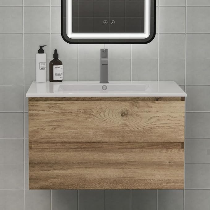 Floating Bathroom Vanity with Sink and 2 Soft-Close Drawers – Moisture-Resistant MDF, Space-Saving Design for Modern Bathrooms (Nature with Sink, 30)