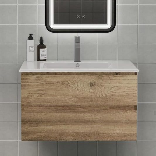 Floating Bathroom Vanity with Sink and 2 Soft-Close Drawers – Moisture-Resistant MDF, Space-Saving Design for Modern Bathrooms (Nature with Sink, 30)