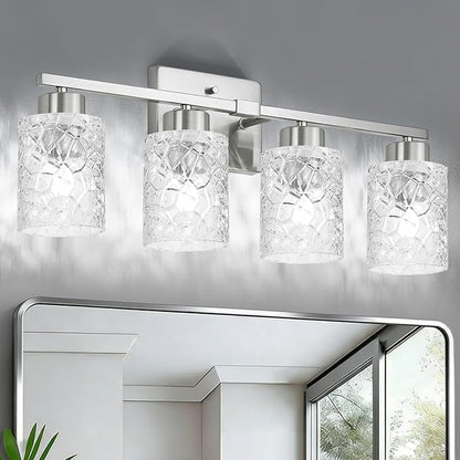 4-Light Bathroom Light Fixtures, Brushed Nickel Vanity Lights Over Mirror | Wall Sconces with Clear Textured Glass Shades for Living Room Bedroom Hallway,E26 Base (Bulbs Not Included)