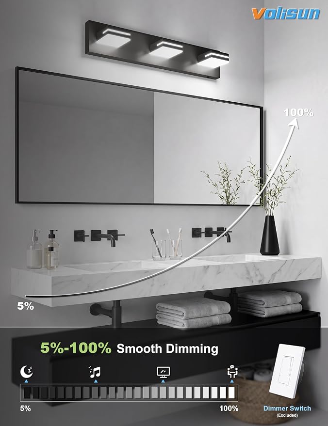 VOLISUN Modern Black Bathroom Vanity Light Fixtures (3-Light, 24-Inch), 5CCT Dimmable Bathroom Lighting Fixtures Over Mirror