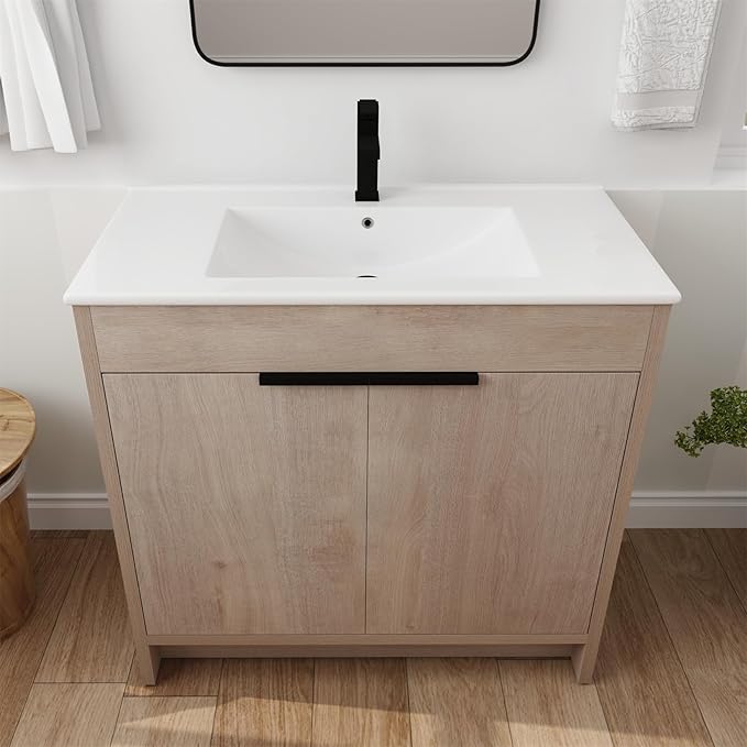 SSLine 36-Inch Bathroom Vanity with Sink Mid-Century Bathroom Vanities with Top Basin Floor Wood Bathroom Sink Cabinet with Soft-Close Doors & Adjustable Storage Shelves (Light Oak)