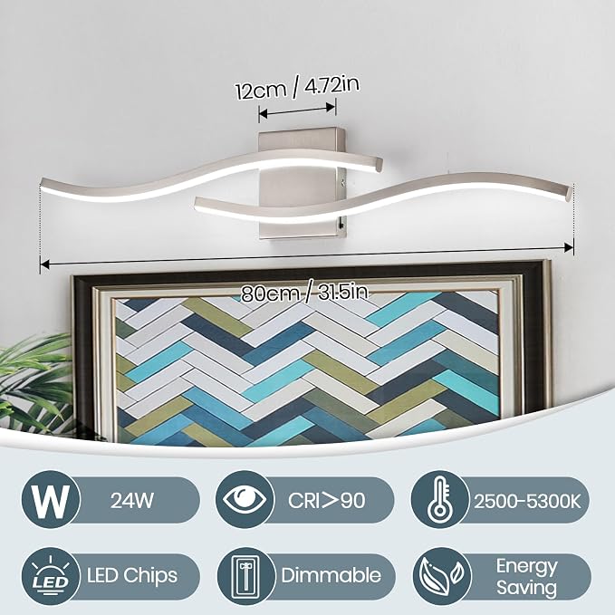 Brushed Nickel Curved 3000~6000K Bathroom Vanity Light Fixture Over Mirror, 31.5 inch Modern LED Wall Lamp 5CCT Dimmable Bathroom Light Fixture Modern Vanity Lighting