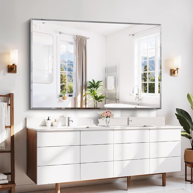 CILIBER Beveled Bathroom Mirror, 60x40 Large Bathroom Mirrors for Over Sink, 3mm Tempered Glass Beveled Frameless Vanity Mirror for Bathroom, Bedroom, Living Room and Entryway
