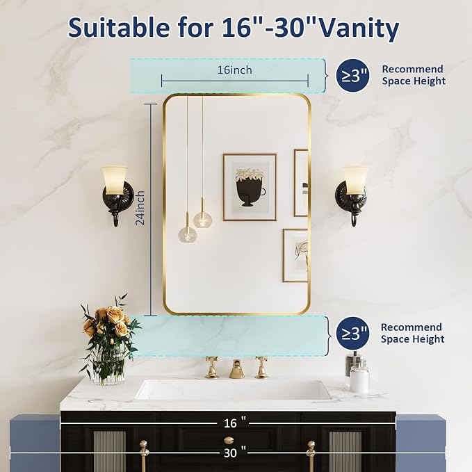 Medicine Cabinet Mirror 16x24 Inch, Gold Bathroom Mirror Cabinet with Stepless Adjustable Shelves, Stainless Steel Frame, Bathroom Mirror with Storage Recessed or Wall Mount